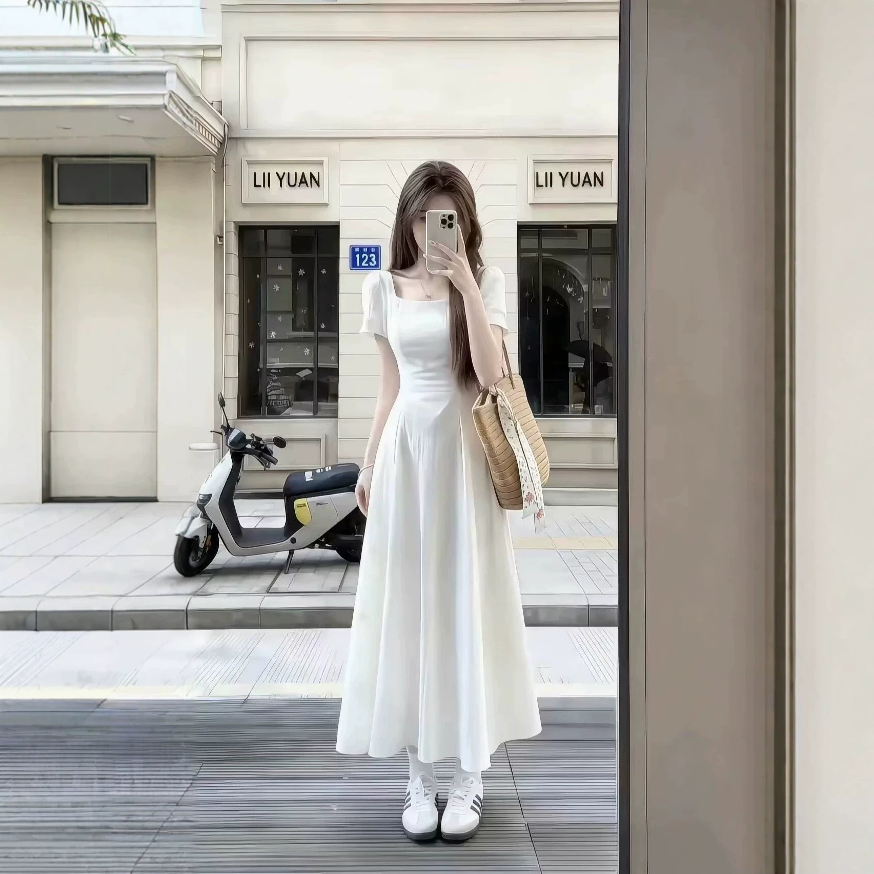 Váy dài nữ cổ vuông thắt eo tay ngắn kiểu Pháp — trắng chi tiết 4