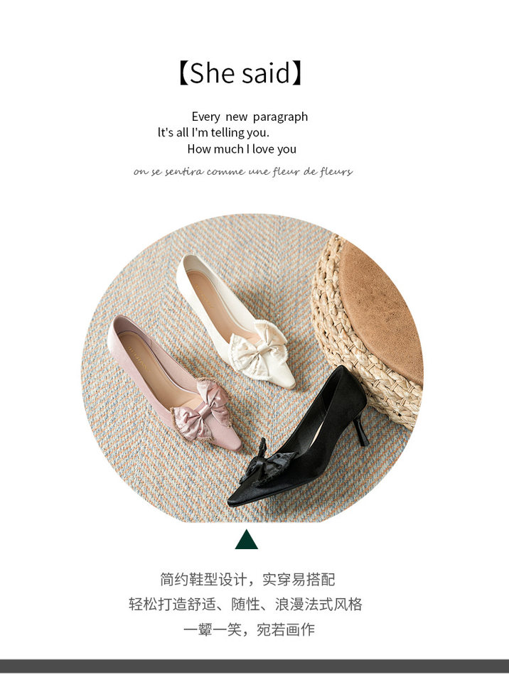Giày cao gót nữ mũi nhọn gót mảnh 6–8 cm, nơ lụa satin lớn, phối váy — Màu hồng, Màu trắng ngà, màu đen chi tiết 3
