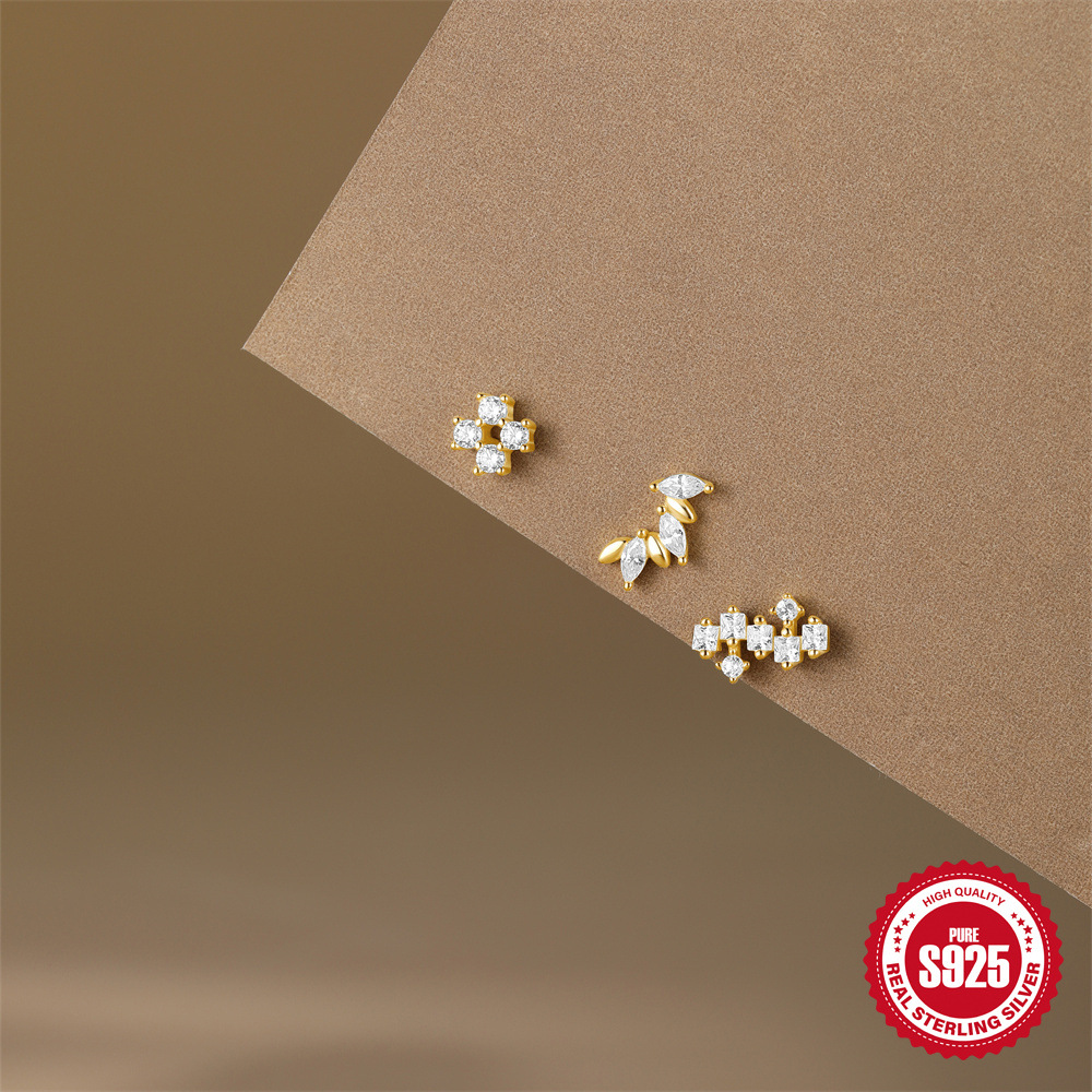 Pendientes de moda de diamantes con flores simples de plata pequeña S925