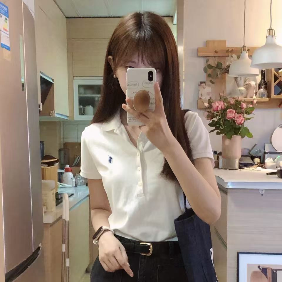 In stock RL five-button POLO short-sleeved shirt with small horse logo embroidery, versatile everyday style, turn-down collar, women's retro T-shirt
