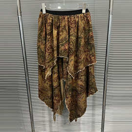 美式复古废土民族风A字裙提花毛边不规则设计感条绒百搭半身裙潮