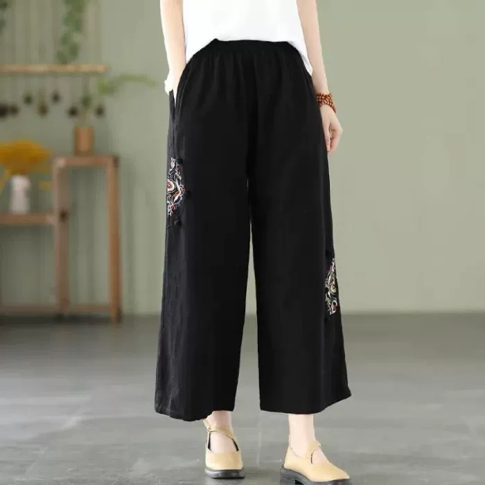 Весенне-летние однотонные свободные прямые широкие брюки из хлопка и льна с вышивкой в ​​стиле ретро в этническом стиле с эластичной резинкой на талии 100kg для женщин, тонкий стиль