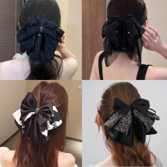 女性用レトロサテンリボンクリップ、ハイエンド、エレガント、ローポニーテールクリップ、バックヘッドクリップ、ヘッドバンドヘアクリップ
