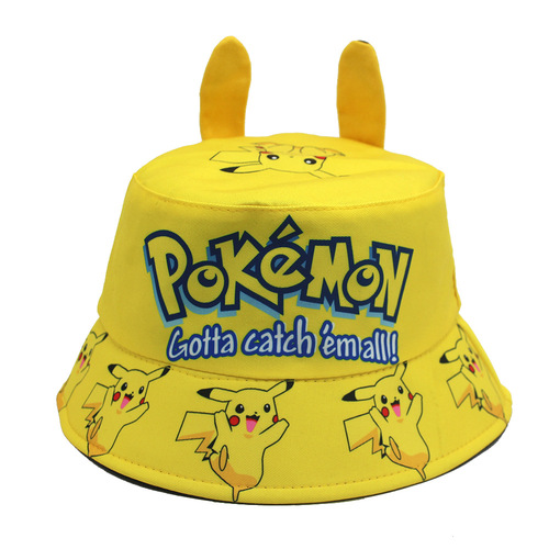 Cross-border children Pikachu fisherman hat pet Pokémon ears cartoon print bucket hat casual sun protection sunshade hat
