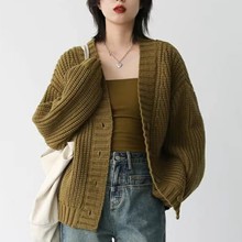 2024韩版女装宽松V领纯色针织开衫粗棒针秋冬新款毛衣外套女