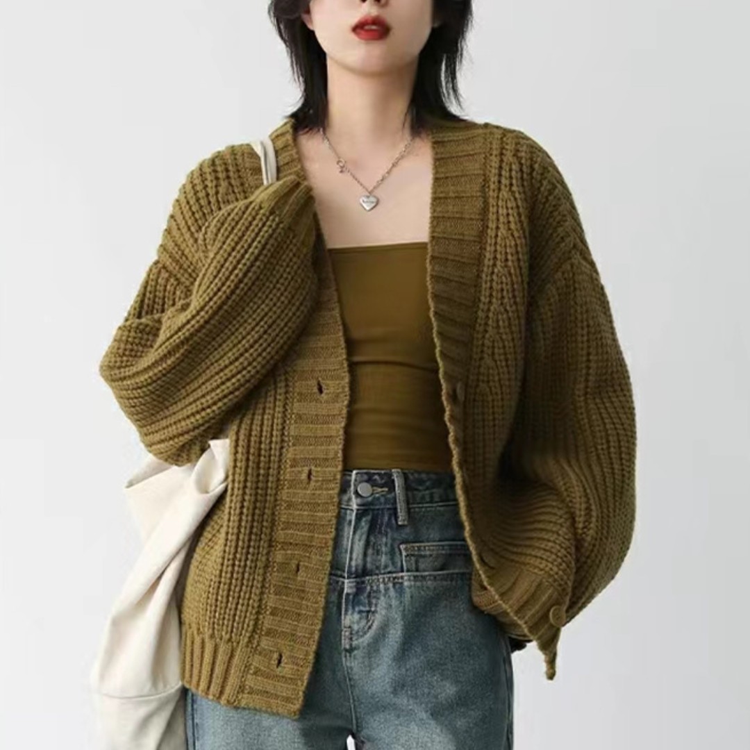 2024韩版女装宽松V领纯色针织开衫粗棒针秋冬新款毛衣外套女