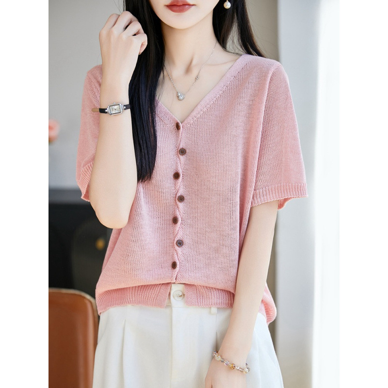 2026 Spring/Summer New Pearl Linen V-Neck Knitted Cardigan Short Sleeve Cross Button Solid Color Loose Versatile Top
