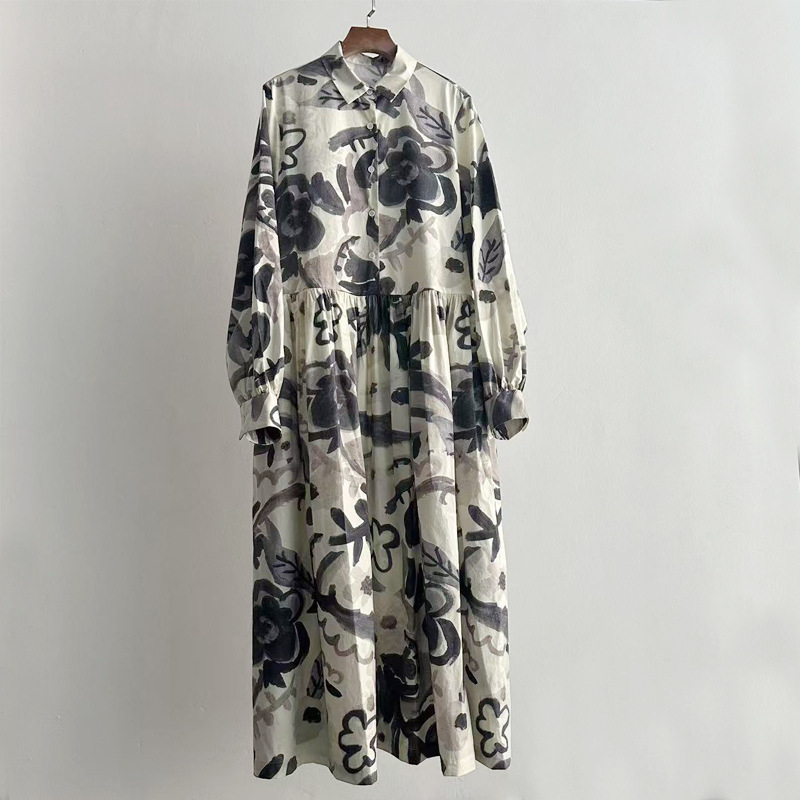 Vintage Graffiti Print Cotton Long Sleeve Dress Japanese Style Versatile Fluffy Large Hem Loose Shirt Dress Long Style