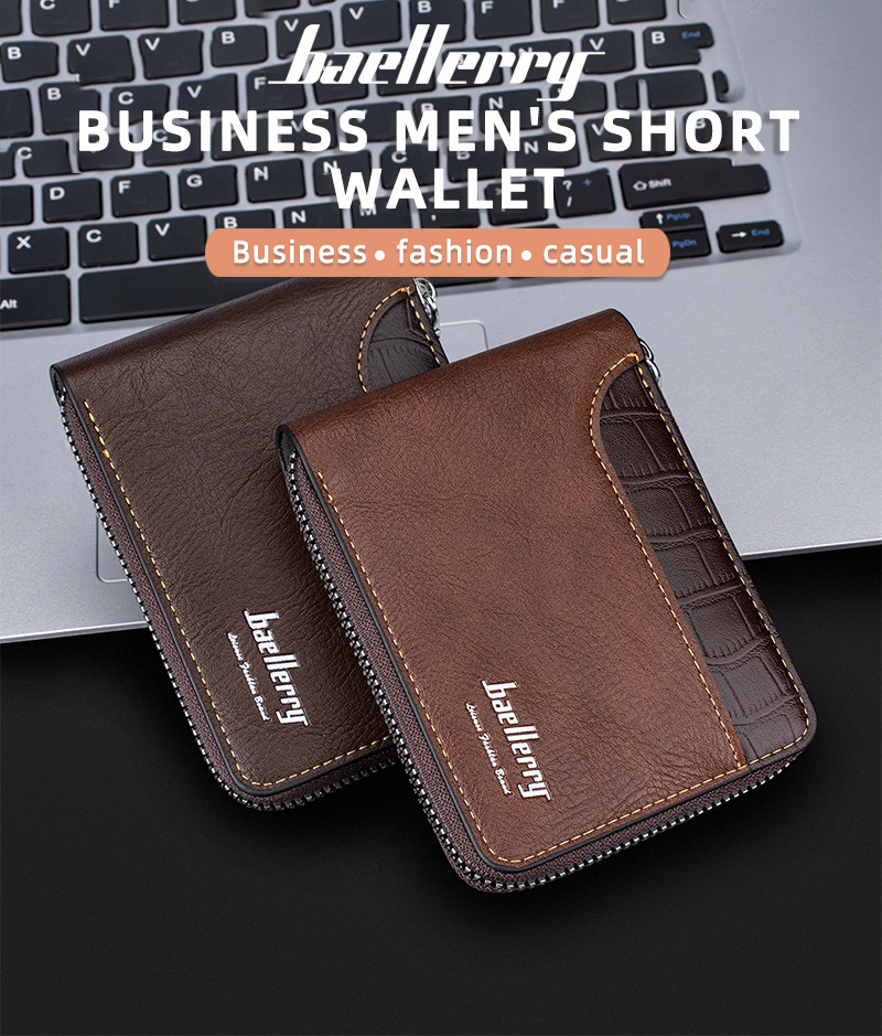 New Men's Short Wallet Retro Multi Slot Zipper Coin Purse Contrasting Color Card Bag_voghion.com