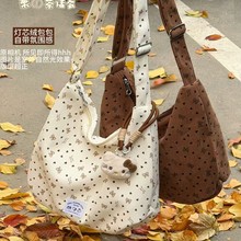 韩系简约大容量斜挎包女灯芯绒印花饺子包蝴蝶结秋冬氛围感单肩包