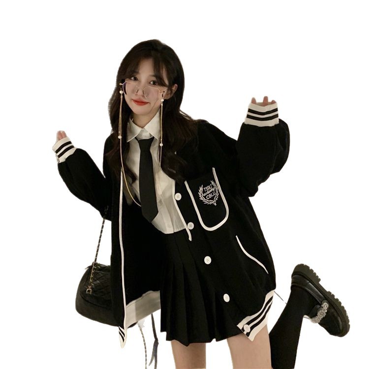 大码女装复古棒球服外套学院风秋款休闲开衫外套V领小众运动卫衣|undefined