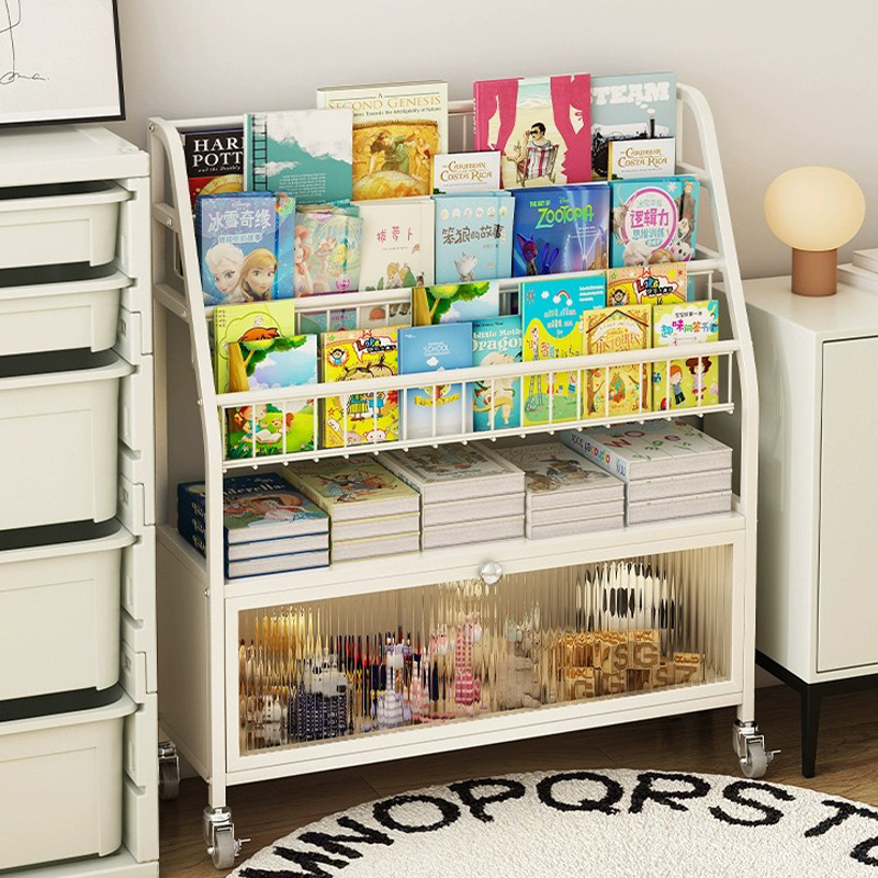 Estante de almacenamiento de libros de imágenes de múltiples capas tipo piso estante de almacenamiento de juguetes móvil a prueba de polvo con puerta de gabinete Gabinete para niños