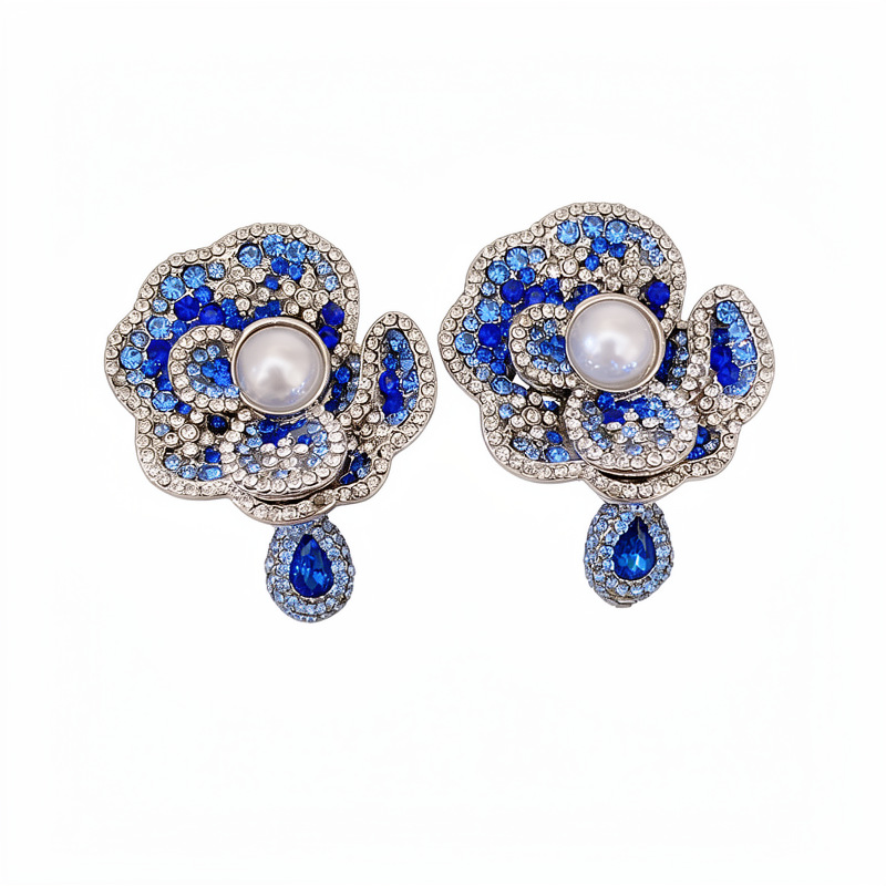 Medieval vintage aguja de plata con diamantes flores perlas pendientes exquisitos pendientes de estilo retro lujo ligero alta sensación de pendientes image 6
