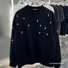 潮牌秋季男士新款满天星镶钻金属十字架装饰圆领卫衣青年抗皱长袖