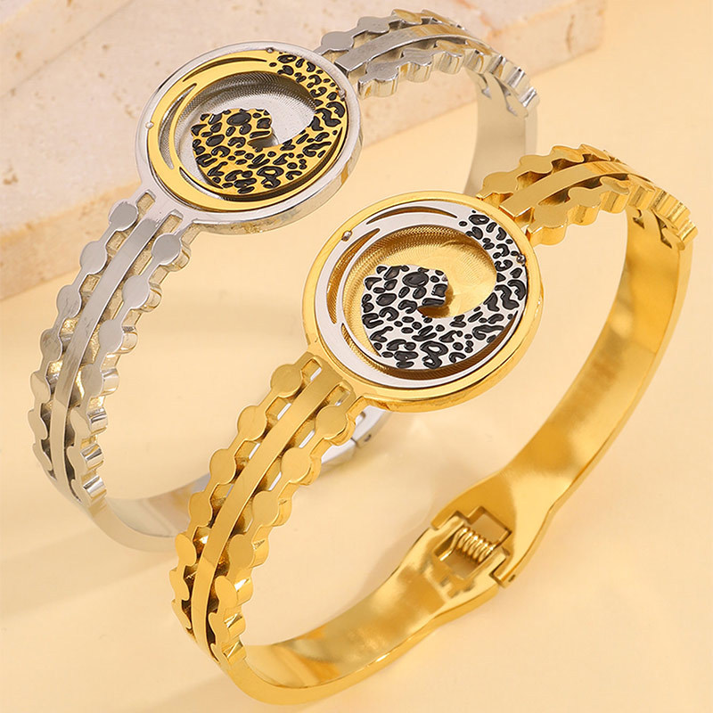 Brazalete de acero de aluminio de aluminio de estilo europeo y americano de moda transfronteriza disco leopardo abierto dominante no se desvanece joyas de brazalete