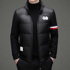 冬季男士保暖防寒立领羽绒服时尚潮流修身休闲拼接针织袖机车外套