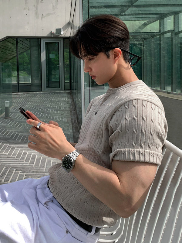 MYQ オールドマネースタイルニット半袖 Tシャツメンズ夏ルーズヘンリーカラーショート Tシャツ韓国風通勤万能トップス|undefined