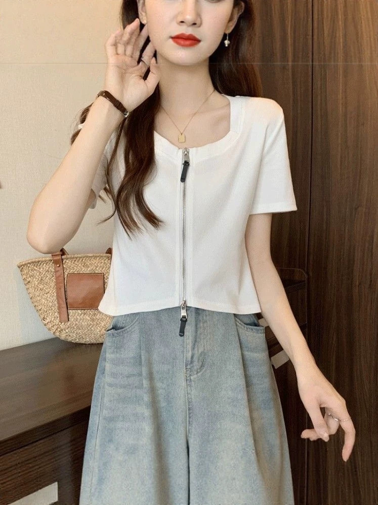 Áo thun nữ ngắn tay thiết kế hai dây kéo phong cách mùa hè — đen