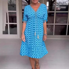 2024夏季新款亞馬遜跨境歐美印花時尚百搭V領短袖連衣裙女裝