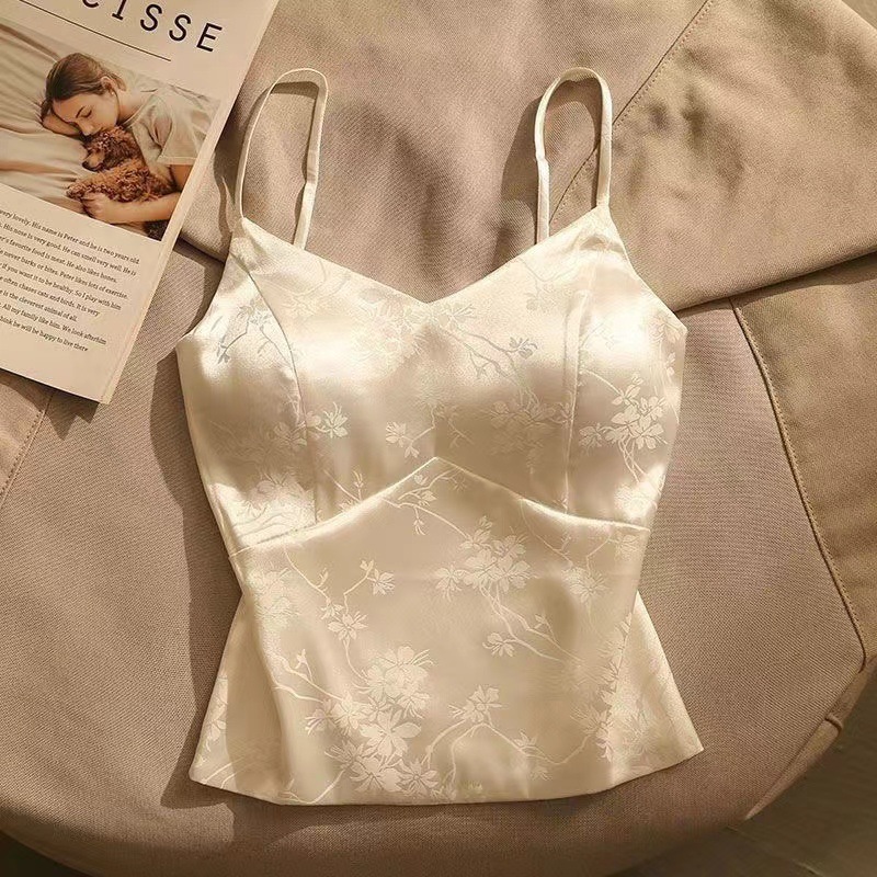 軽くて豪華な新しい中国式のフランス式のジャカードのサテンのサスペンダーのベストの上着の背もたれの胸のパッドの短い上着の女性は外に着て底を打ちます。|undefined