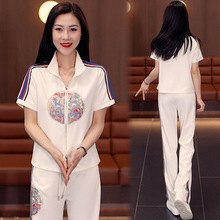 新中式国风开衫短袖套装女夏款高级感洋气休闲运动裤子时髦两件套