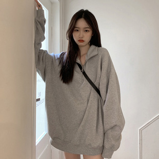 Polo Collar Sweatshirt Gray Women's Half Zipper 2025 New Right Shoulder Long Sleeve Casual Spring and Autum Ready-To-Ink Sweatshirt for Women