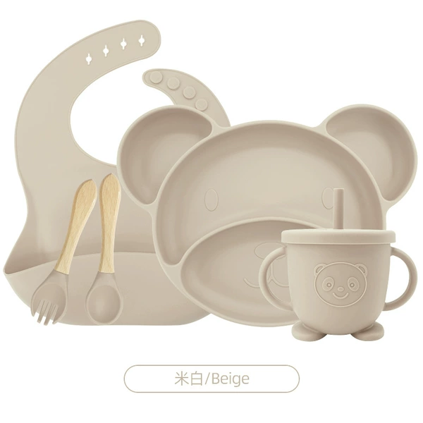 Beige set, bib, dinner plate, glass, 5 pieces, 437G