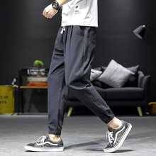 春夏季潮胖男宽松收腿九分麻料大码棉麻束脚休闲亚麻哈伦运动裤子