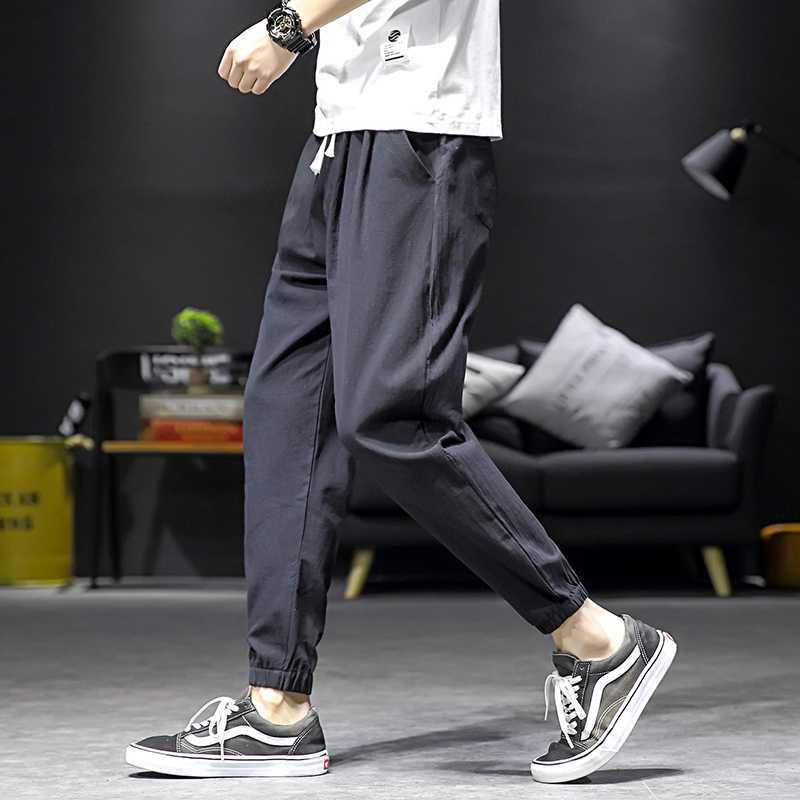 春夏季潮胖男宽松收腿九分麻料大码棉麻束脚休闲亚麻哈伦运动裤子