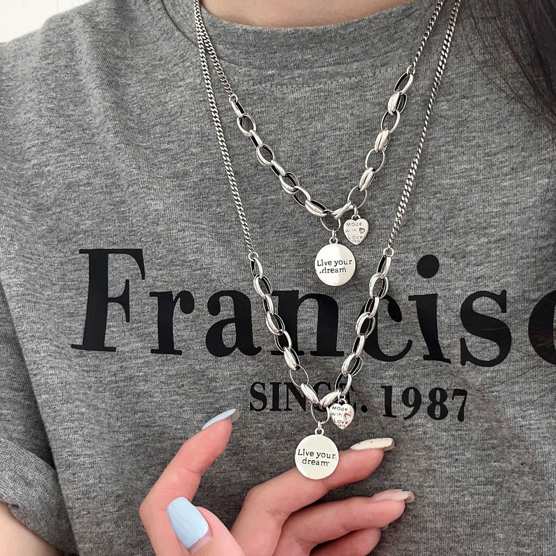 S925純銀圓牌英文字母復古項鍊女簡約百搭夢想成真愛心情侶毛衣鏈