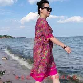 中年女士南韩冰丝粉色连衣裙夏季短袖圆领宽松遮肚显瘦减龄休闲裙
