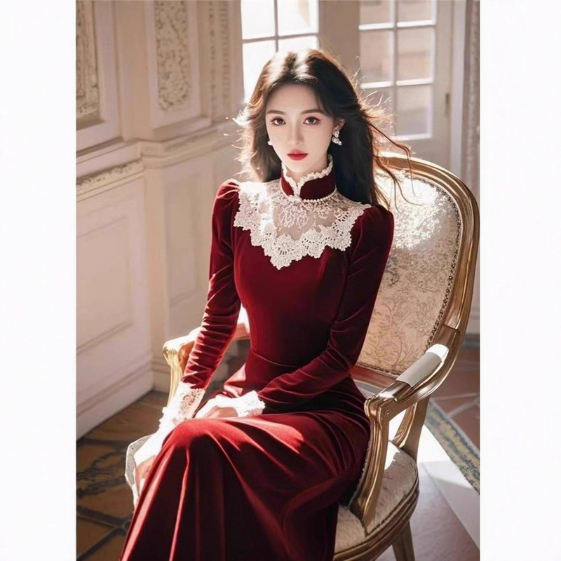 Formal Occasion Ancora Red Velvet Dress for Women Autumn and Winter New Style Small Fragrant Style Noble Bottoming Long Skirt