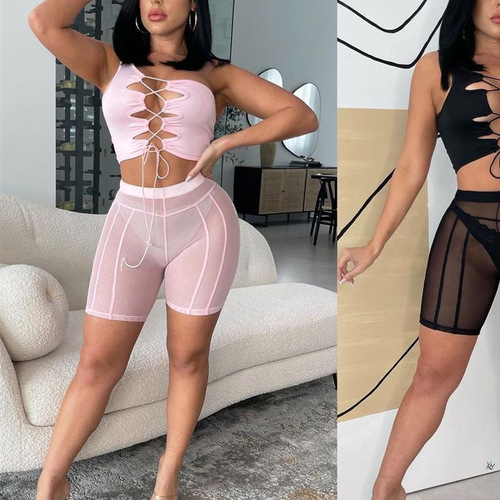 Euramerican Style  Summer New Women's Sexy Net Sheer Streetwear High-Waisted Booty-Hugging Tight Casual Shorts