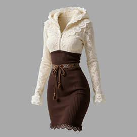 跨境欧码女士竖条纹撞色蕾丝半拉链连帽修身连衣裙