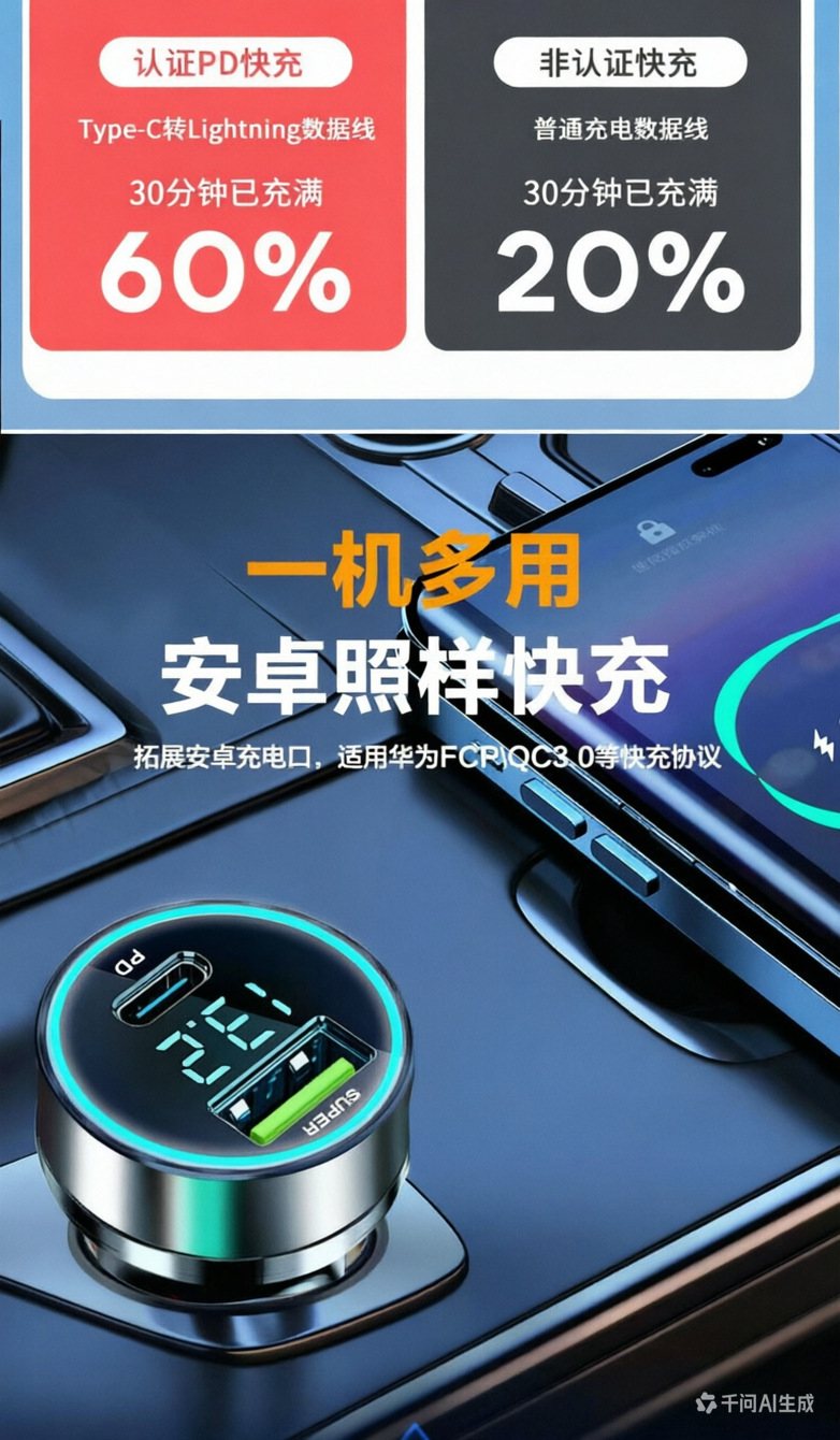 Digital Display 120W Car Mobile Phone Charger Super Fast Charging Suitable for Huawei and Apple Pd Flash Charging Aluminum Alloy Car Charger
