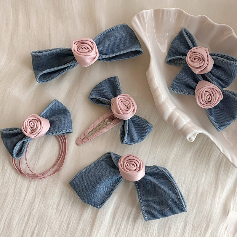 Denim Rose Hairpin Women's Blue Side Hairpin Eight-character Bangs Side Clip Elastic Hairband Hair Rope Hairpin Hair Accessories_voghion.com