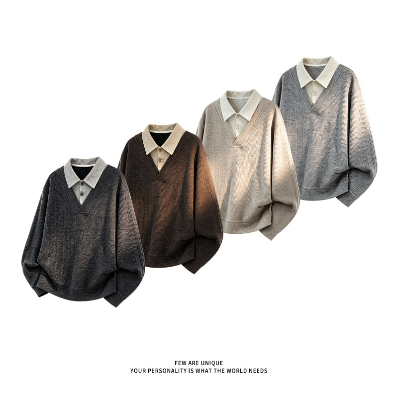 Wheat-pattern Polo collar sweatshirt for men, spring and autumn 2026 new trendy brand loose long-sleeve T-shirt, American casual top