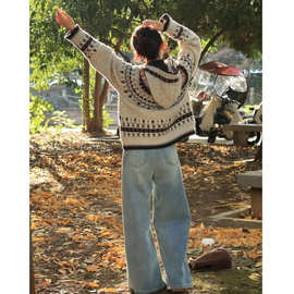 穿搭高级感慵懒韩系宽松费尔岛提花毛衣女秋冬季针织衫上衣