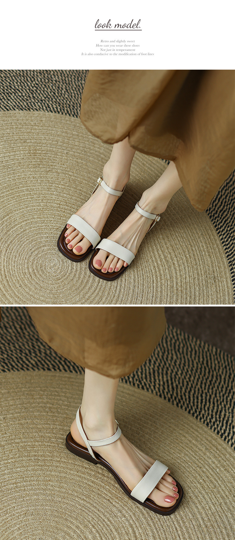 Sandal nữ quai ngang đế bệt hở mũi khóa gài đơn giản — Màu đen chi tiết 4