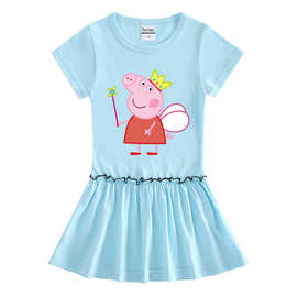 2023夏装新款短袖连衣裙棉质宝宝卡通木耳边小猪百褶洋气裙子