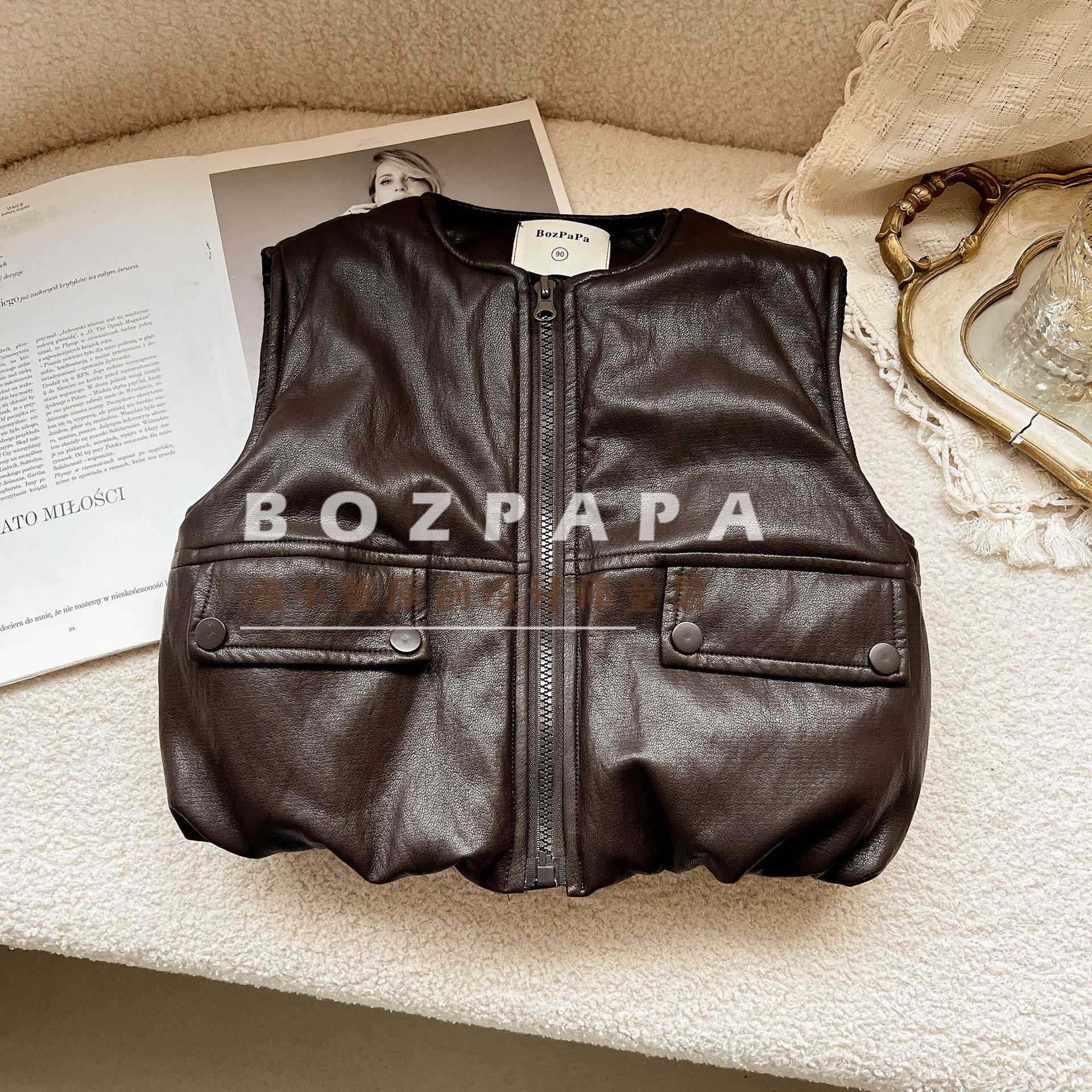 2025 Winter New Style Korean Style Trendy Sleeveless Leather Jacket for Boys, Soft and Warm with Padded Lining