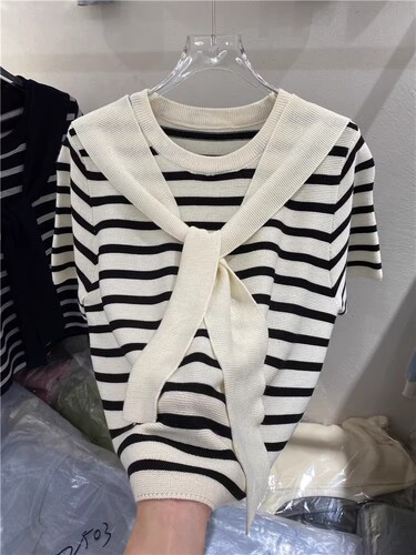 2976# Summer Loose Striped Chiffon Women's Short Sleeve Little Black Dress Inspired Design Felt Knit Top