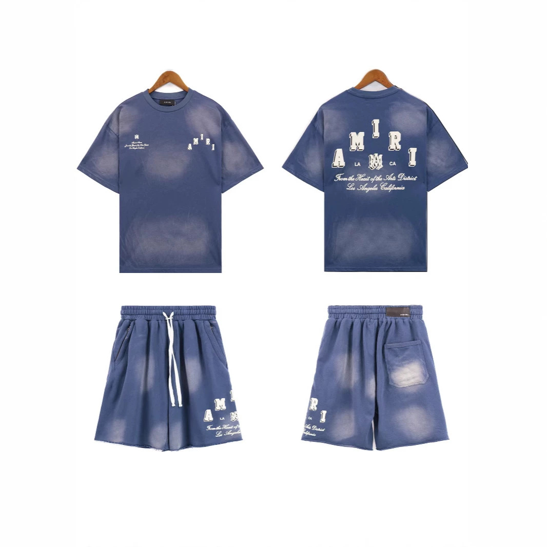 实拍现货AMIRI水洗做旧字母logo印花夏季运动套装家居服短袖t恤
