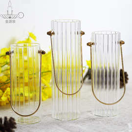 欧式手提金属花瓶摆件客厅插花餐桌透明玻璃花瓶桌面水培家居装饰
