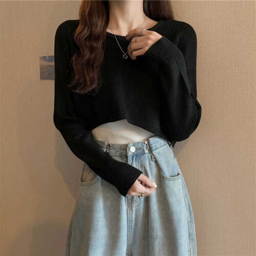 Loose Short-Sleeve Layered Crew Neck Knit Top for Women, Spring and Autumn Versatile Long-Sleeve Black Sweater