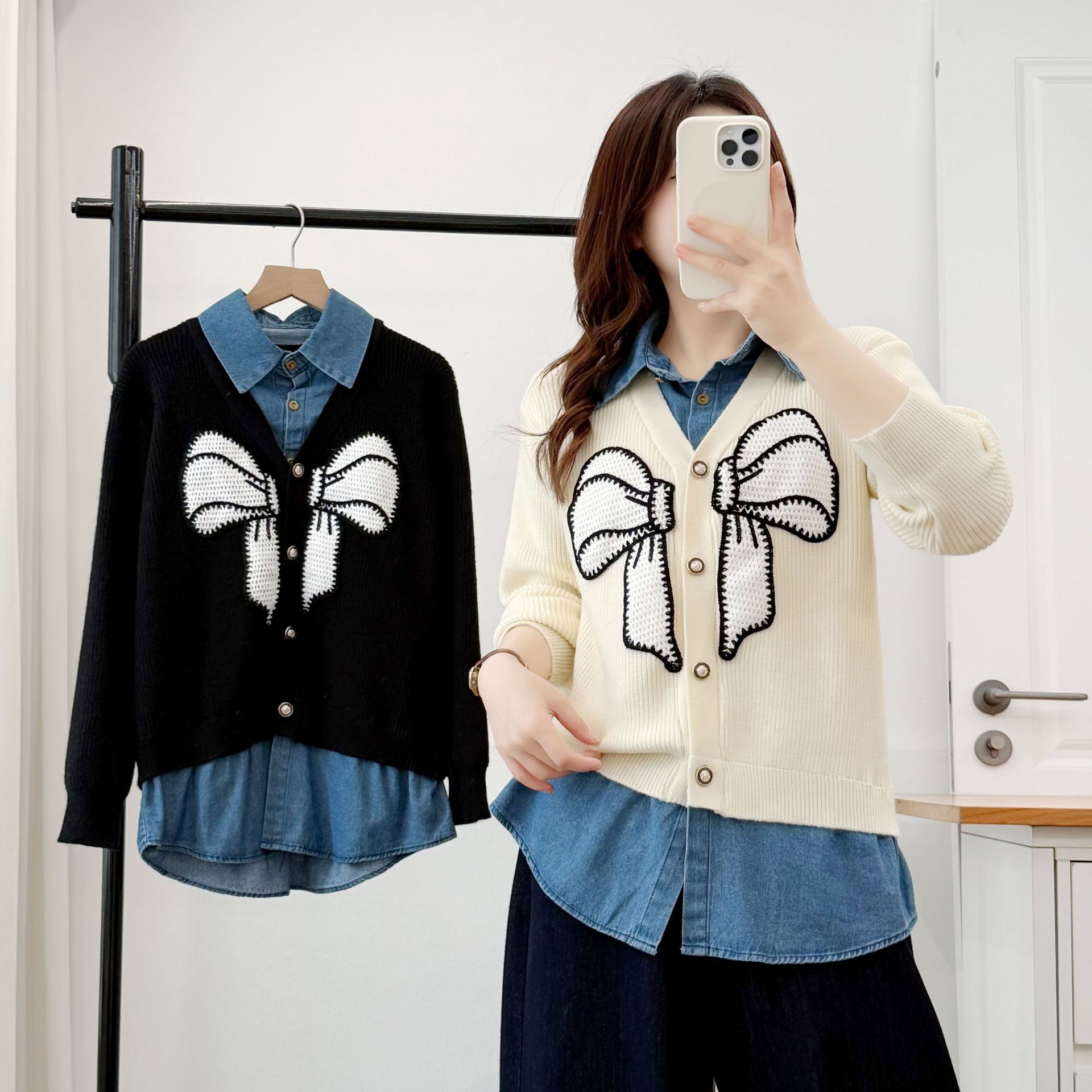 Cárdigan de dos piezas falso bordado de estilo francés para mujer de talla grande, diseño patchwork de mezclilla con lazo, prenda exterior de moda de otoño_voghion.com