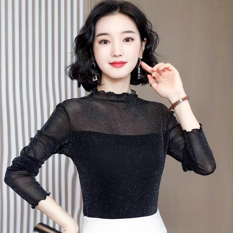 Women's Long-Sleeve Base Shirt with Shiny Silk T-Shirt, Gold and Silver Mesh Top, 2025 Autumn Slim-Fit Half-High Collar Lace Shirt Trendy