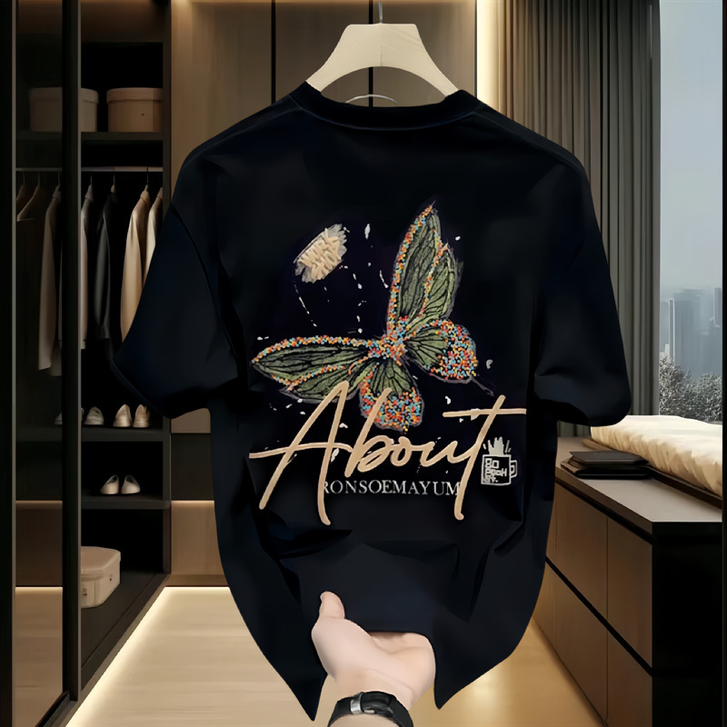 Heavy Trendy Brand Butterfly Print Men's Short-sleeved T-shirt 2025 New Summer Explosions Trendy Casual Crewneck T-shirt