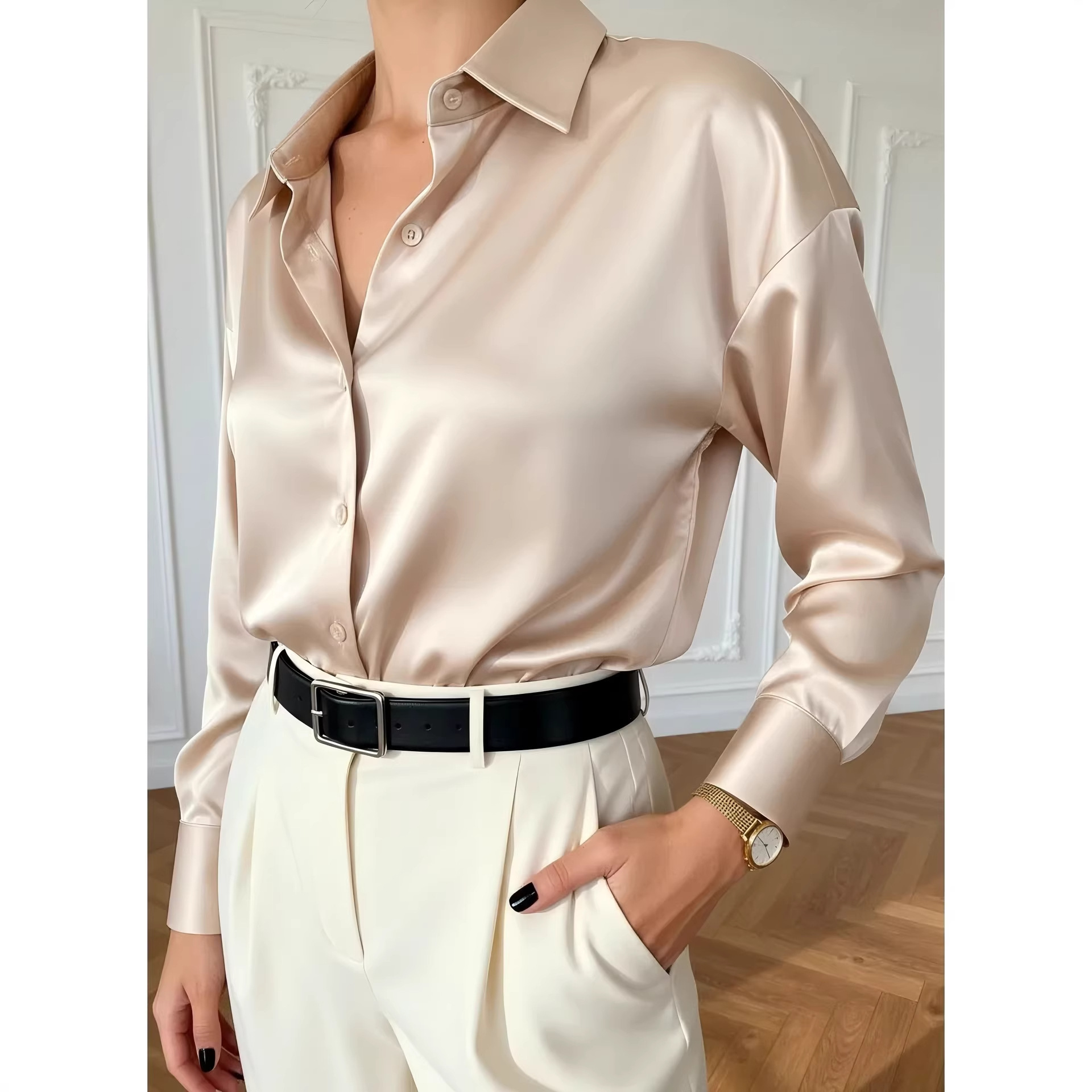 Women's Solid Color Acetate Long Sleeve Shirt Spring New Arrival Silky Satin Feel Wrinkle Resistant Drapey Texture Basic Top_ecoleips.com