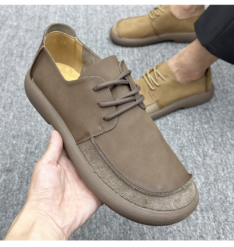 Giày lười nam da thật mũi tròn cổ điển, đế bằng mềm, dây buộc phía trước, thoáng khí — Kaki 2356, Màu nâu 2356 chi tiết 16